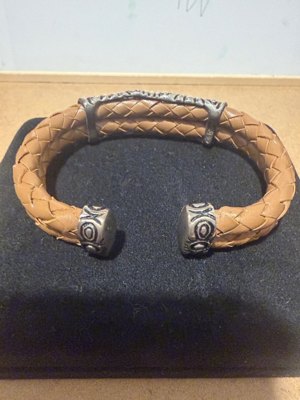 Braided Tan Leather Bracelet with Ornate Real Sterling Silver - Picture 3 of 7